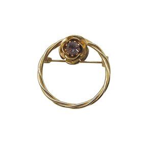 Vintage Gold Tone Brooch With Purple Glass Rhinestone Flower Circle Design